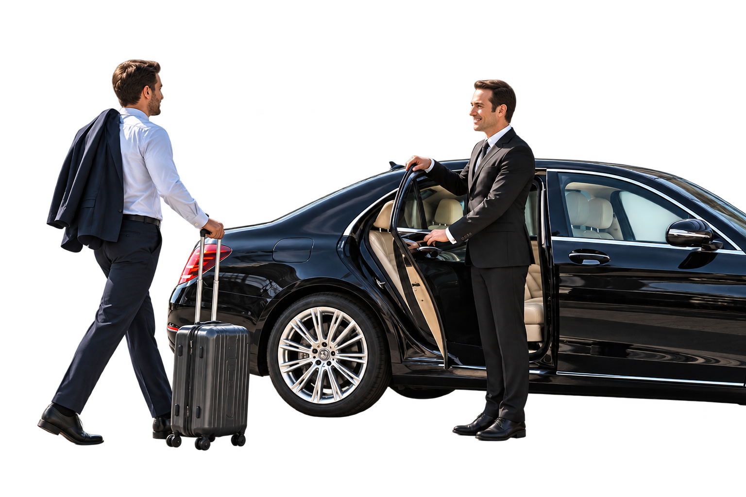 Chauffeur recibe a viajero en sedán de lujo